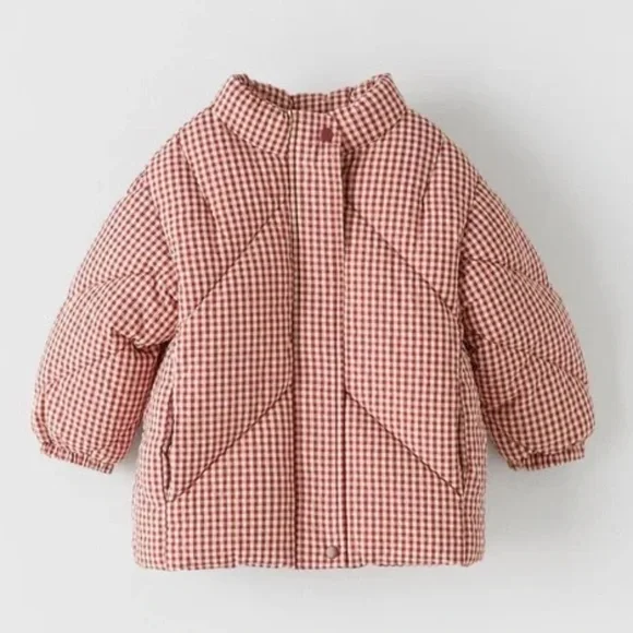 ZARA baby girls red gingham plaid coat puffer jacket 9-12 m cottagecore